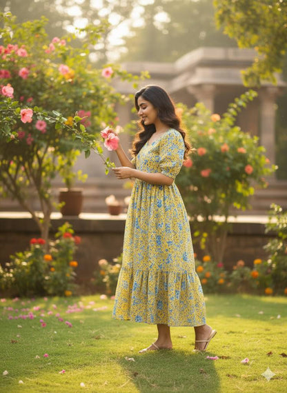 Elegant floral georgette maxi dress with a V-neck and relaxed fit.