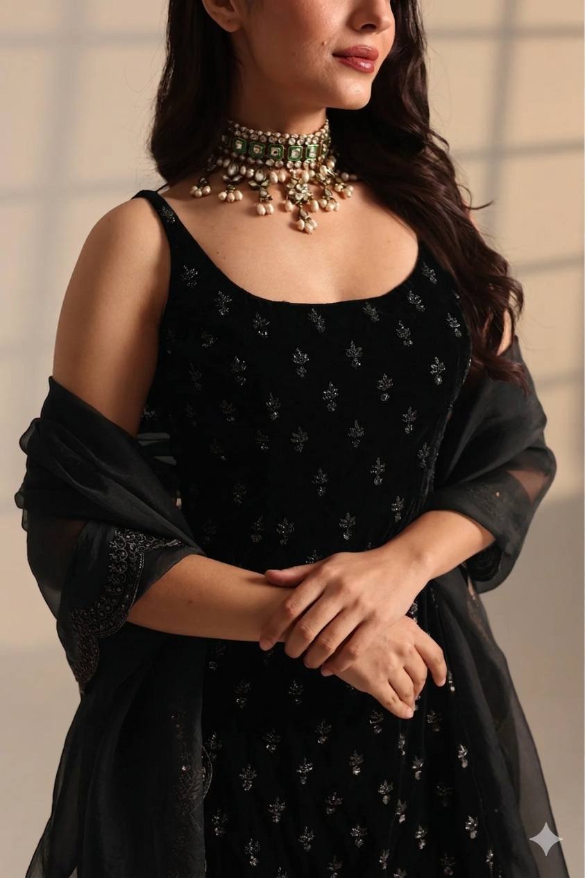 Roman Glass Satin Elegant Women's Suit Set with Golden Zari and Sequins Detailing