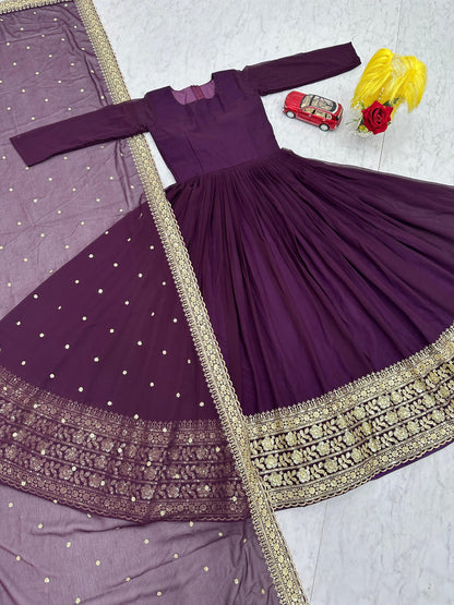 Elegant Embroidered Fox Georgette Gown with Matching Dupatta – Fully Stitched, Sophisticated Design