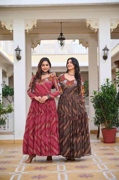 Navratri Gamathi Work Gown – Celebrate in Bandhni Elegance
