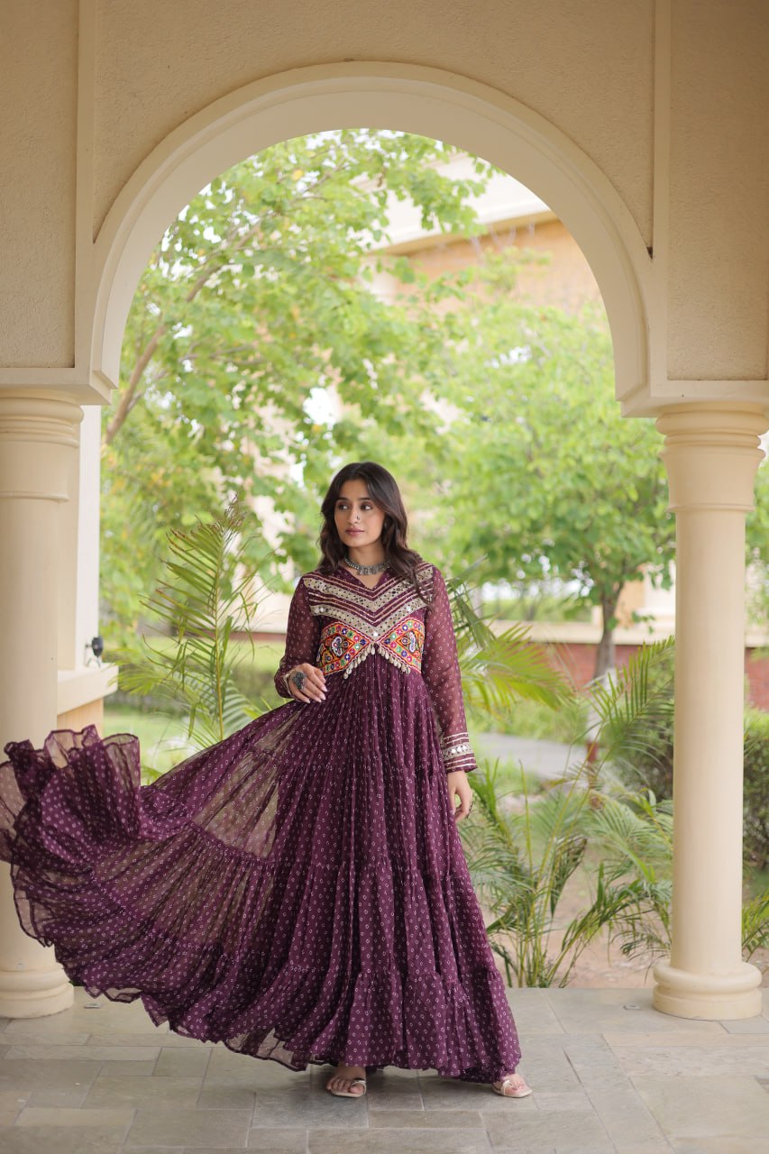 RangBhoomi Bandhani & Kutchi Patchwork Faux Georgette Gown — Navratri Special