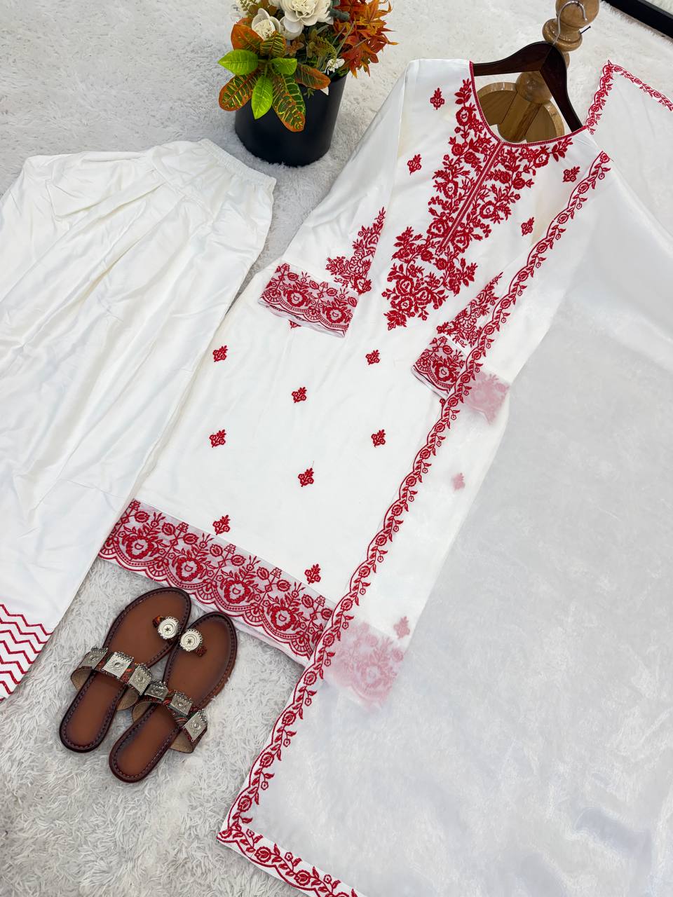 Elegant Women's Ethnic Ensemble with Embroidered Rayon Cotton Top, Farshi Pants, and GMY Silk Dupatta