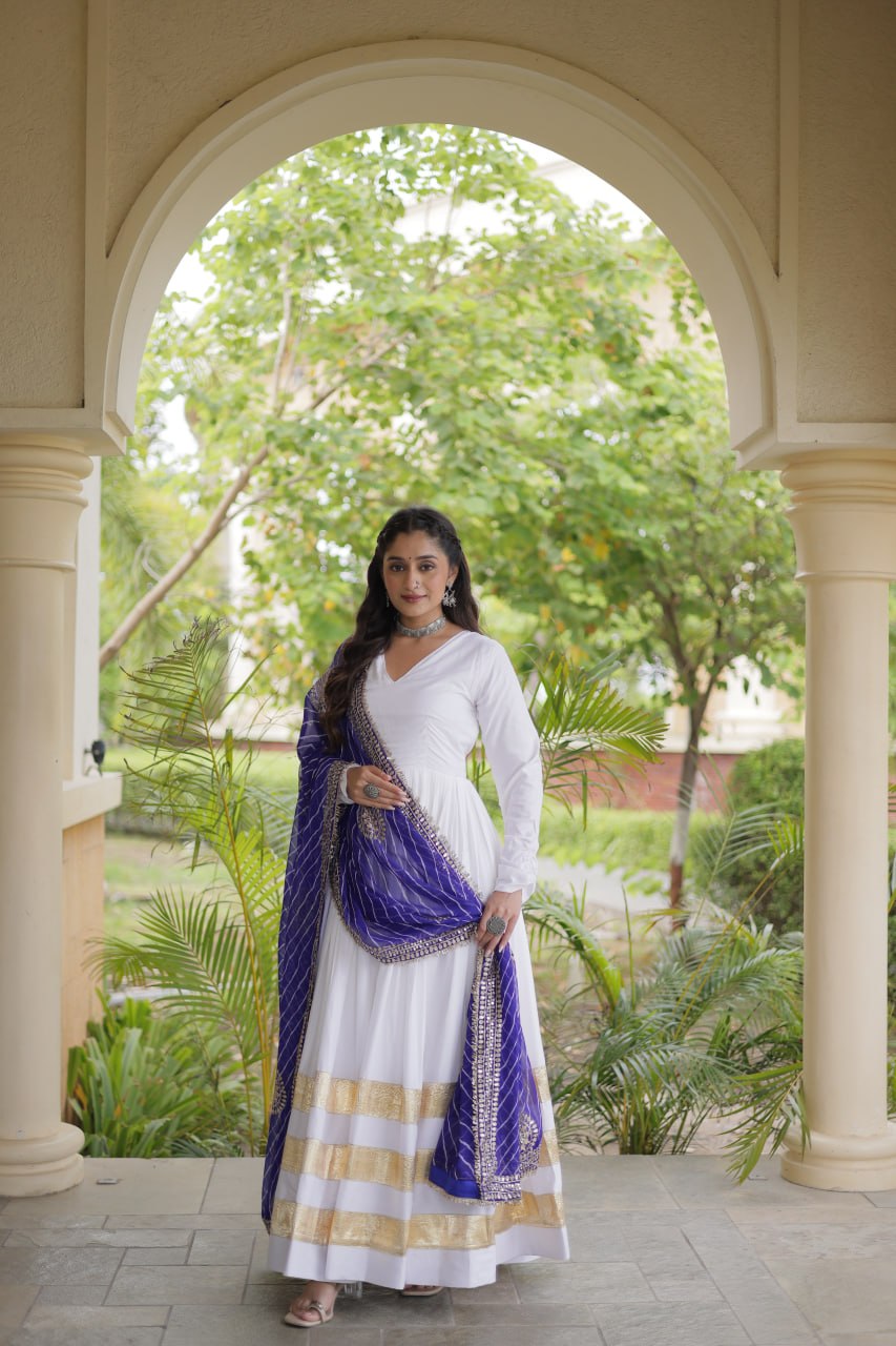 RangBhoomi Navratri Gown & Dupatta Collection 2026 – Full-Sleeve V-Neck Reyon Gown with Georgette Dupatta