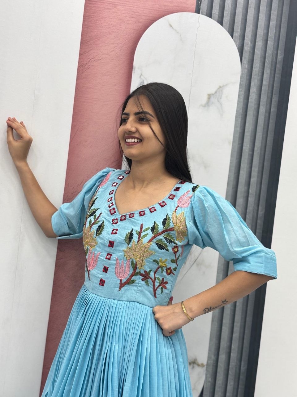 RangBhoomi Exclusive Trending Hand-Embroidered Mal Cotton Gown with Mirror Work, Fully Stitched, Sizes M to 2XL