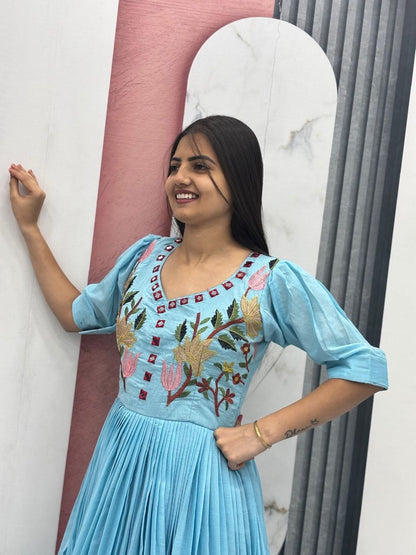 RangBhoomi Exclusive Trending Hand-Embroidered Mal Cotton Gown with Mirror Work, Fully Stitched, Sizes M to 2XL