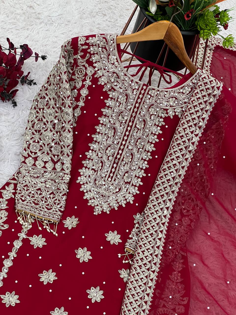 New Collection Faux Georgette Ensemble with Intricate Heavy Embroidery, Sequin Detailing, and Fully Stitched Ready-to-Wear Top, Bottom, and Dupatta Set