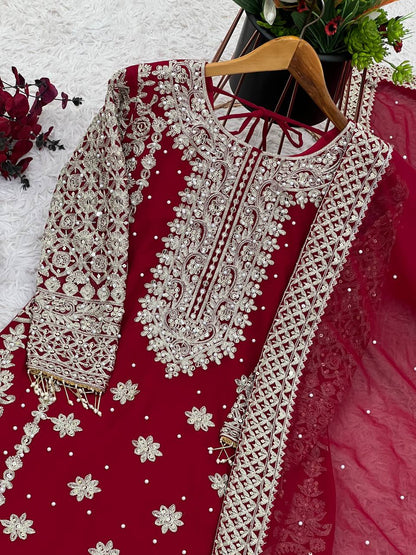New Collection Faux Georgette Ensemble with Intricate Heavy Embroidery, Sequin Detailing, and Fully Stitched Ready-to-Wear Top, Bottom, and Dupatta Set