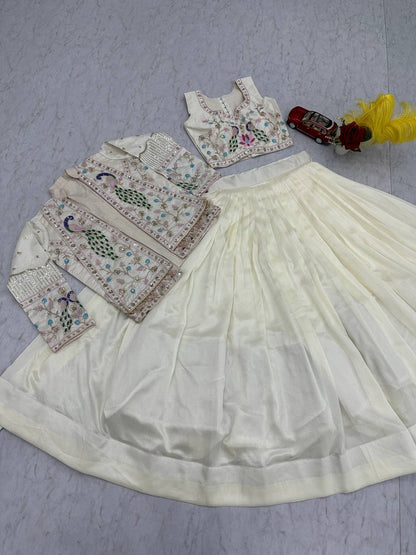 Festival Special Vichitra Silk Crop Top Lehenga Jacket Set with Heavy Thread and Sequin Embroidery by RangBhoomi