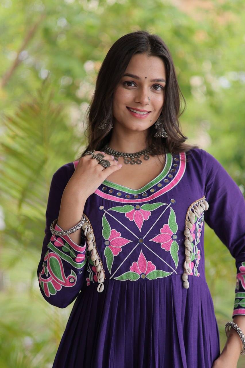 RangBhoomi Navratri Embroidered Kora Cotton Gown - Full Sleeve 54" Length (Rust, Purple)