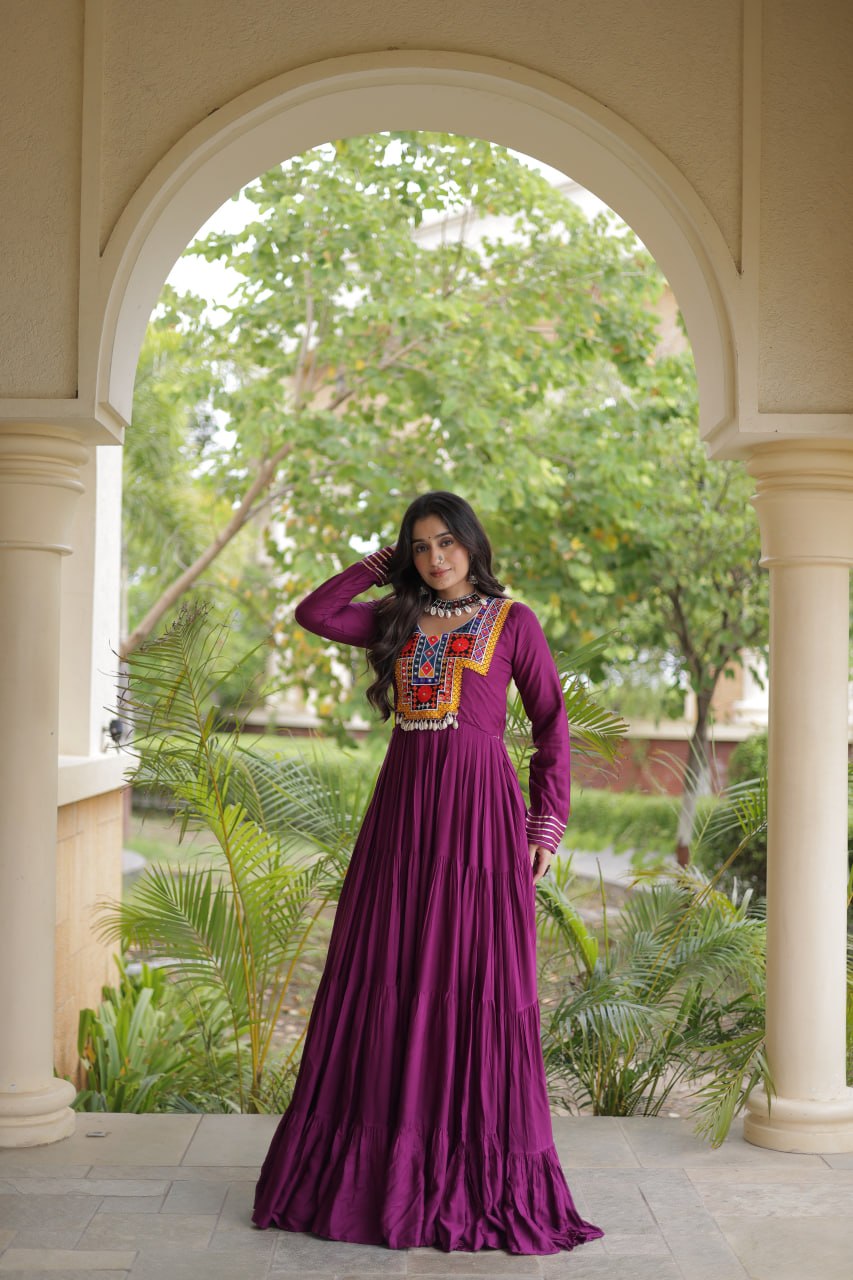 RangBhoomi Navratri Gown Collection 2026 — Wine, Rama & White Embroidered Mirror Work Gown