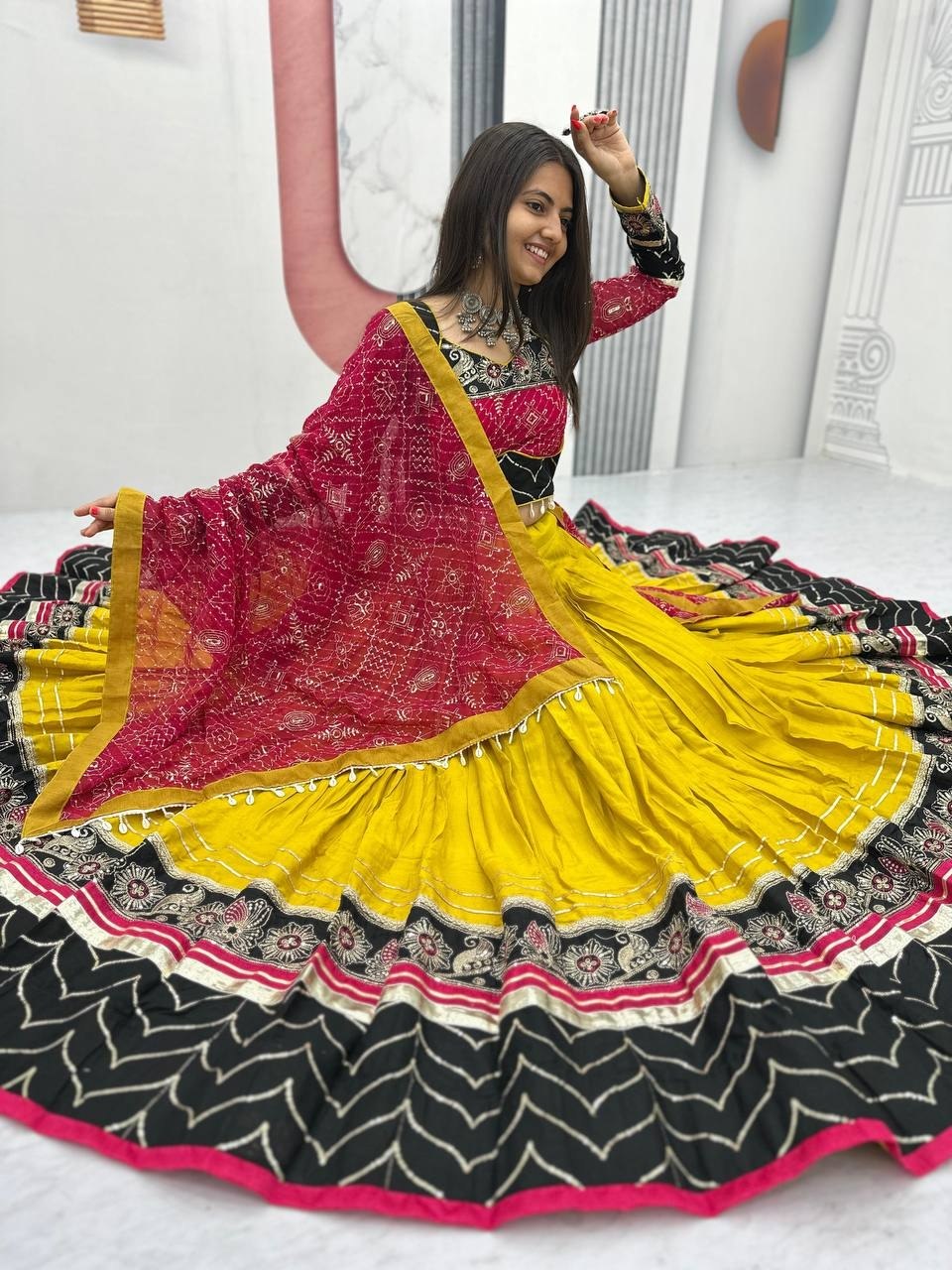RangBhoomi Navratri Special Pure Cotton Embroidered Lehenga Choli with 6m Flair and Heavy Dupatta