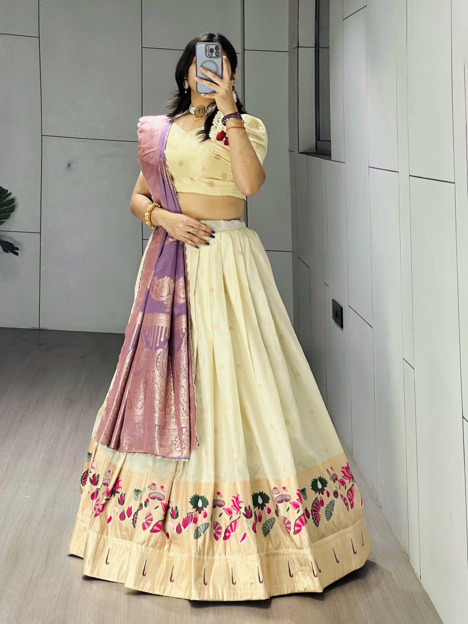 Exquisite Paithani Silk Lehenga with Vibrant Colorful Motifs, Iconic Gold Zari Border, and Signature Satin Silk Dupatta