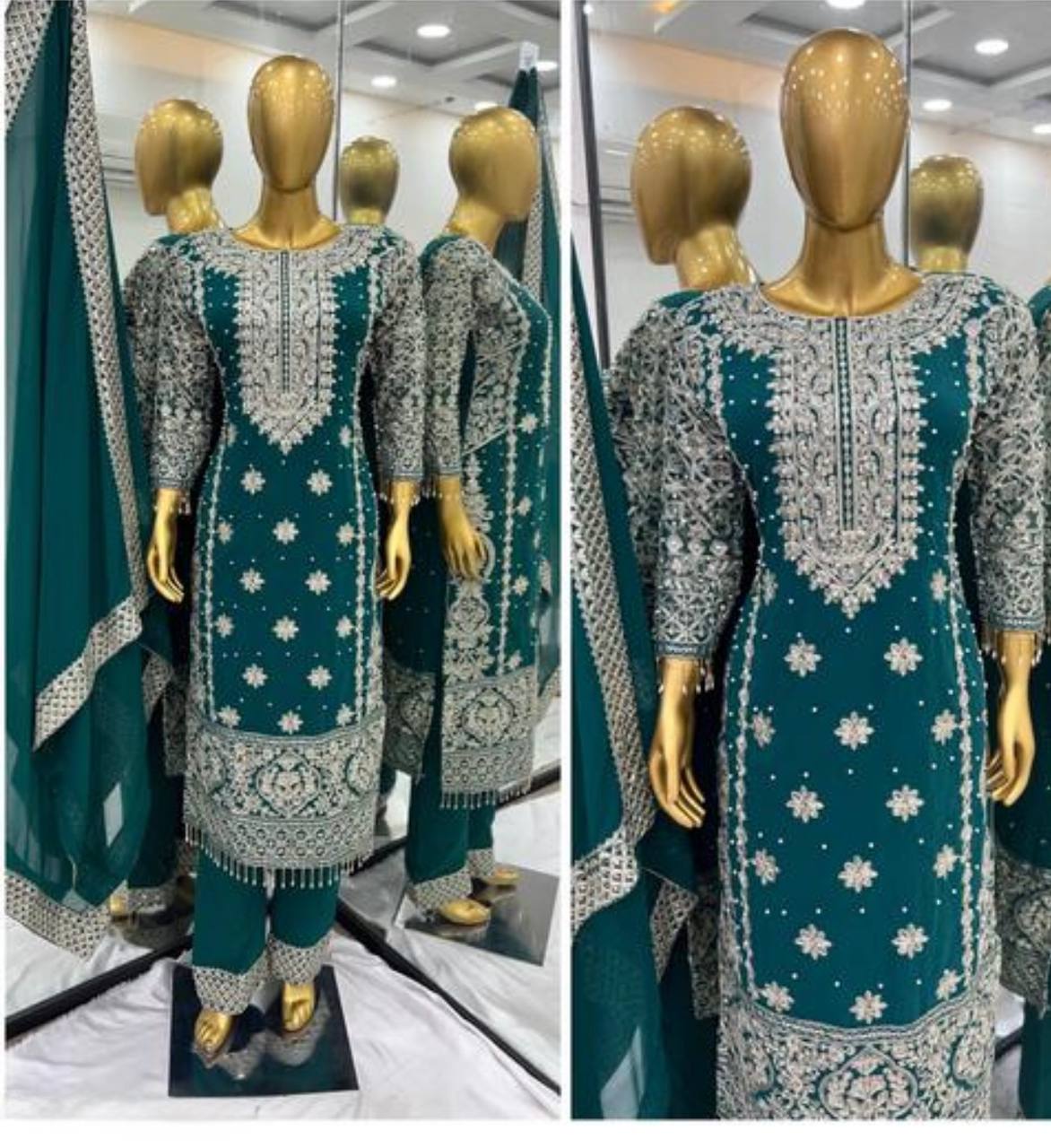 New Collection Faux Georgette Ensemble with Intricate Heavy Embroidery, Sequin Detailing, and Fully Stitched Ready-to-Wear Top, Bottom, and Dupatta Set
