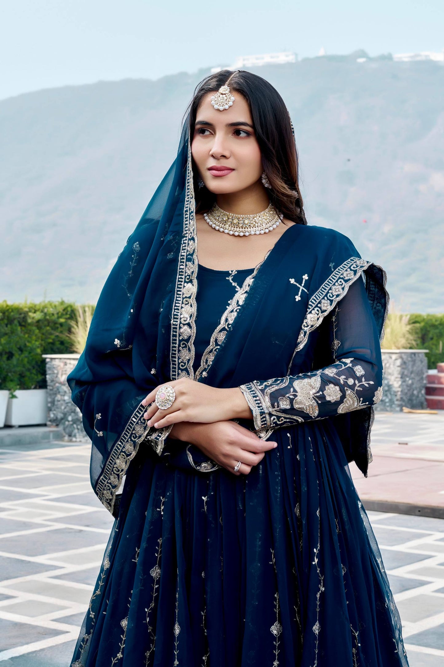 RangBhoomi Festival Long Gown with Matching Dupatta – Elegant Fox Georgette Ensemble with Heavy Sequin Embroidery