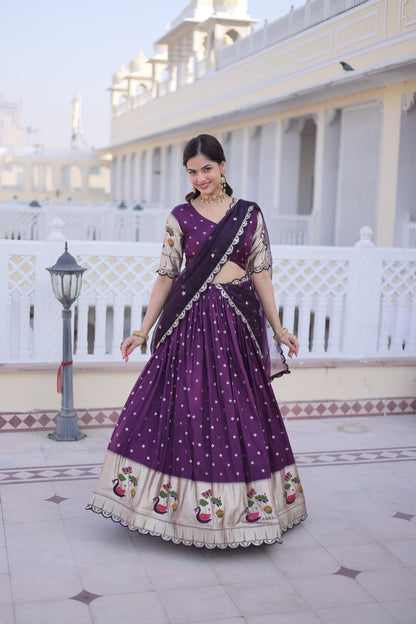 Elegant Three-Piece Traditional Lehenga Choli Set with Dupatta in Pink and Wine