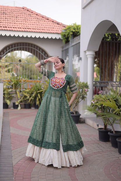 RangBhoomi Navratri 2026 Bandhani Lehenga Set — Full-Stitched Kora Cotton Lehenga with Faux Georgette Kurti
