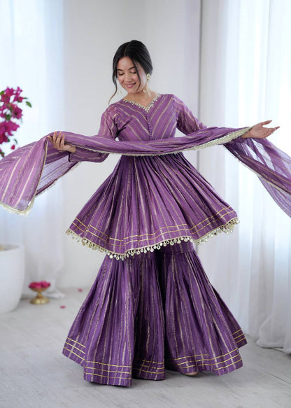 Elegant Women's Ethnic Ensemble with Real Mirror and Handwork – Ready-to-Wear Mal Chanderi Set with Sharara Palazzo and Mirror Lace Dupatta