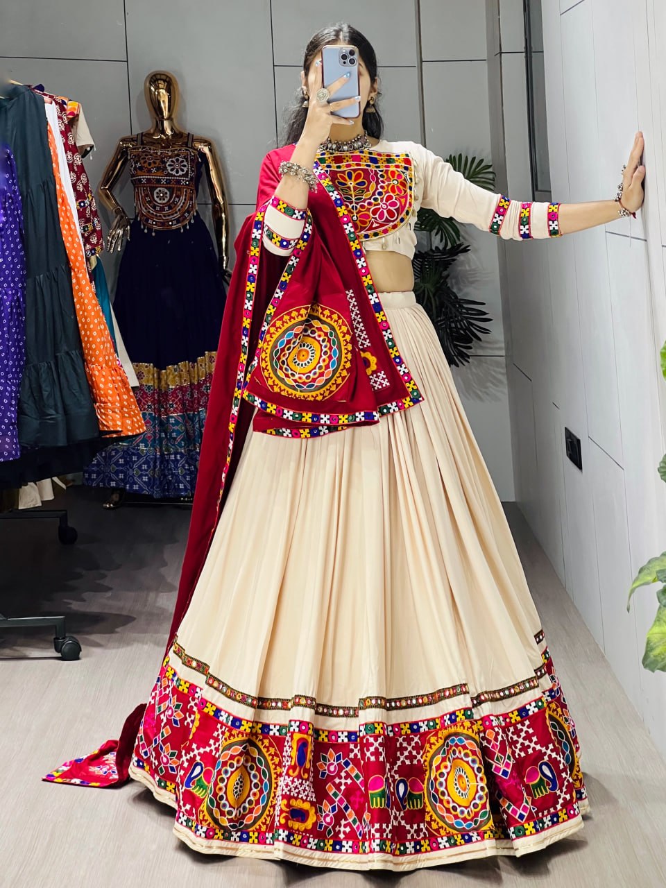 Classical Premium Gamthi Mirror Work Lehenga Choli - Vanilla Rayon Cotton Festive Set