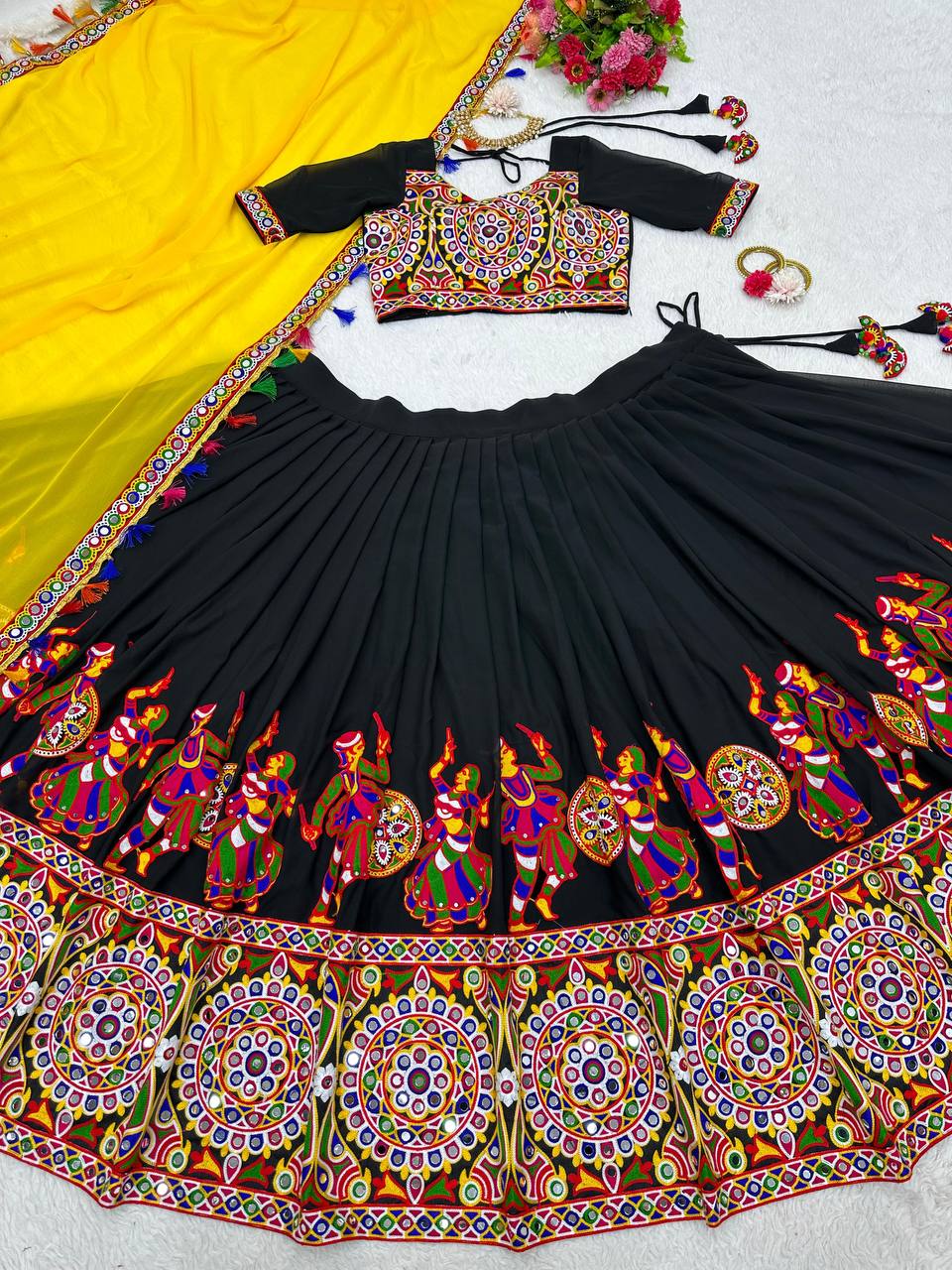 RangBhoomi Elegant Faux Georgette Mirror-Work Lehenga Set for Festive Celebrations