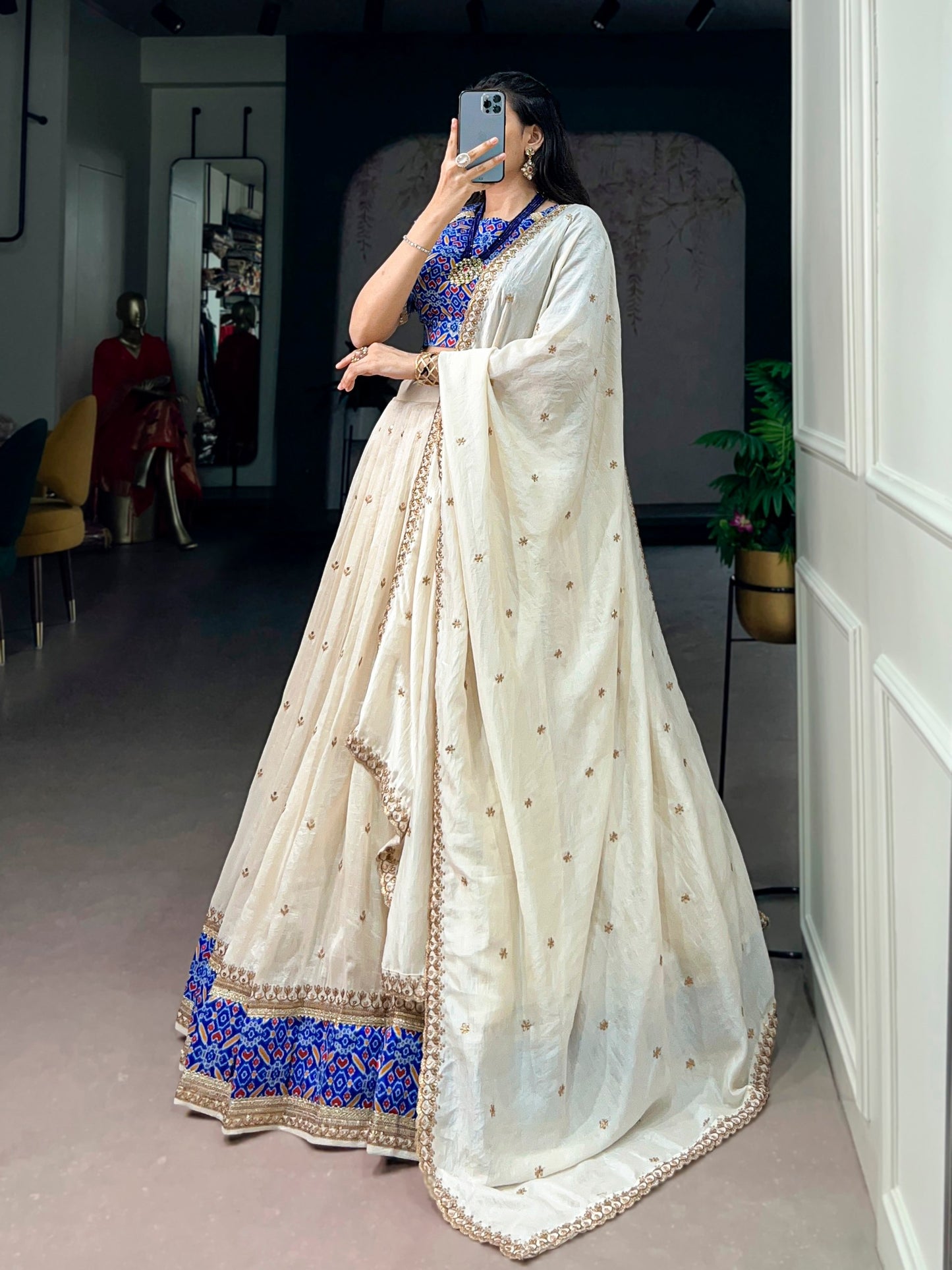 RangBhoomi Elegant Ivory and Royal Blue Lehenga Set with Sequins and Thread Embroidery