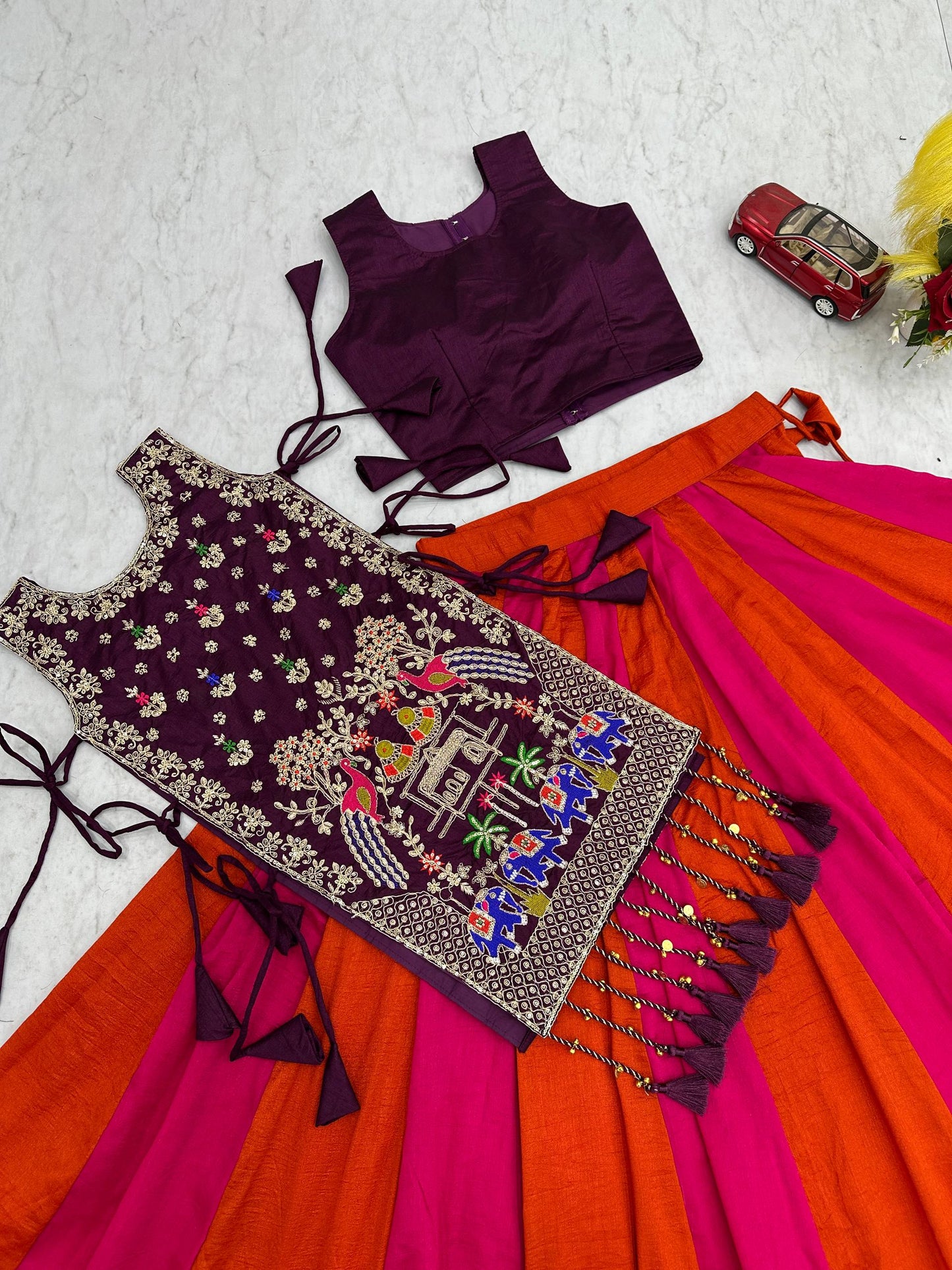 RangBhoomi Elegant Navratri Special Vichitra Silk Lengha Choli with Heavy Thread and Sequence Work Shrug