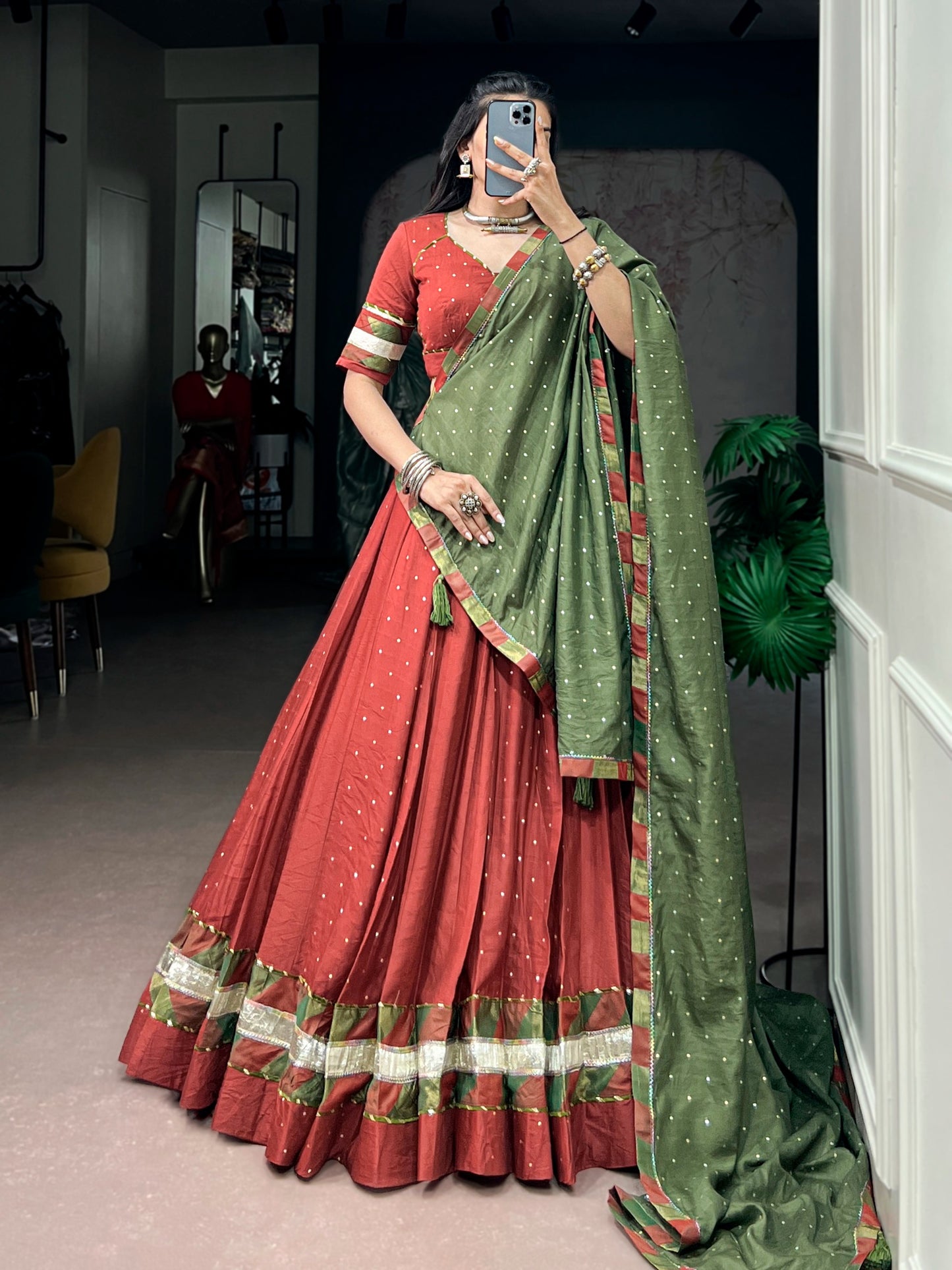 RangBhoomi Navratri Chanderi Lehenga Set — Zari Weave & Latkan Embellished