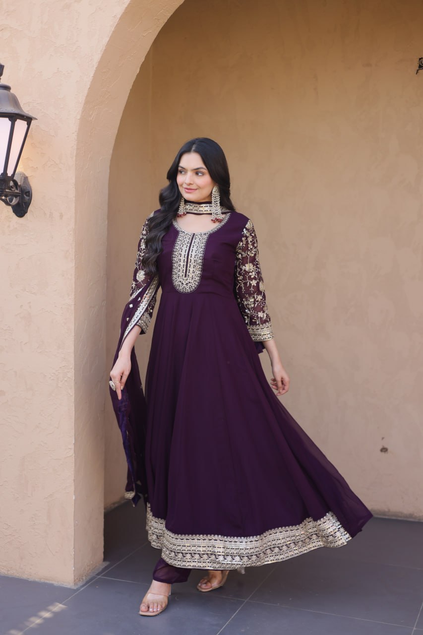RangBhoomi Premium Readymade Gown Set with Pant & Dupatta - Faux Blooming Embroidered