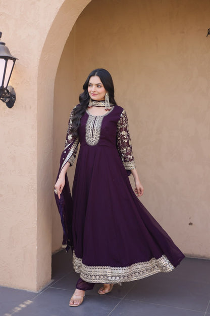 RangBhoomi Premium Readymade Gown Set with Pant & Dupatta - Faux Blooming Embroidered