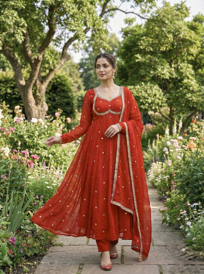 Elegant Party Wear Fendi Satin Gown Set with Dupatta and Pants Featuring 3MM Rembo Sequin and Zari Embroidery