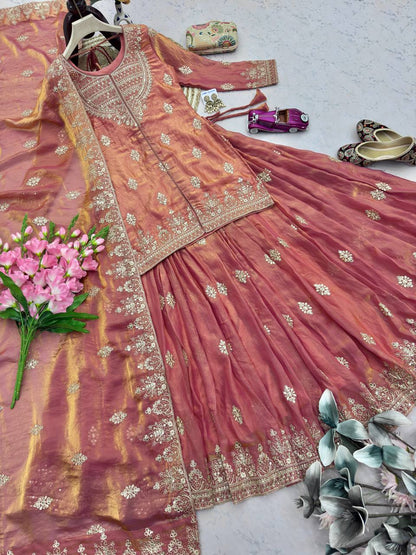 RangBhoomi Designer Party Wear Ensemble – Elegant Two Tone Fandy Silk Lehenga Set