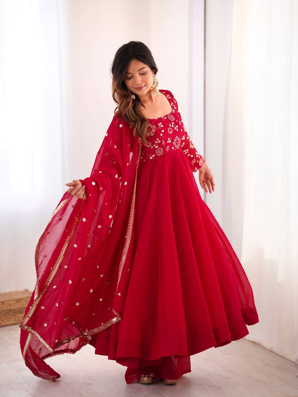 RangBhoomi Women's Elegant Ethnic Wear Set with Silk Gown, Pants, and Embroidered Dupatta