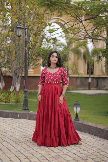 RangBhoomi Navratri Embroidered Kora Cotton Gown — 54" Length, Half Sleeve (Maroon / Black)