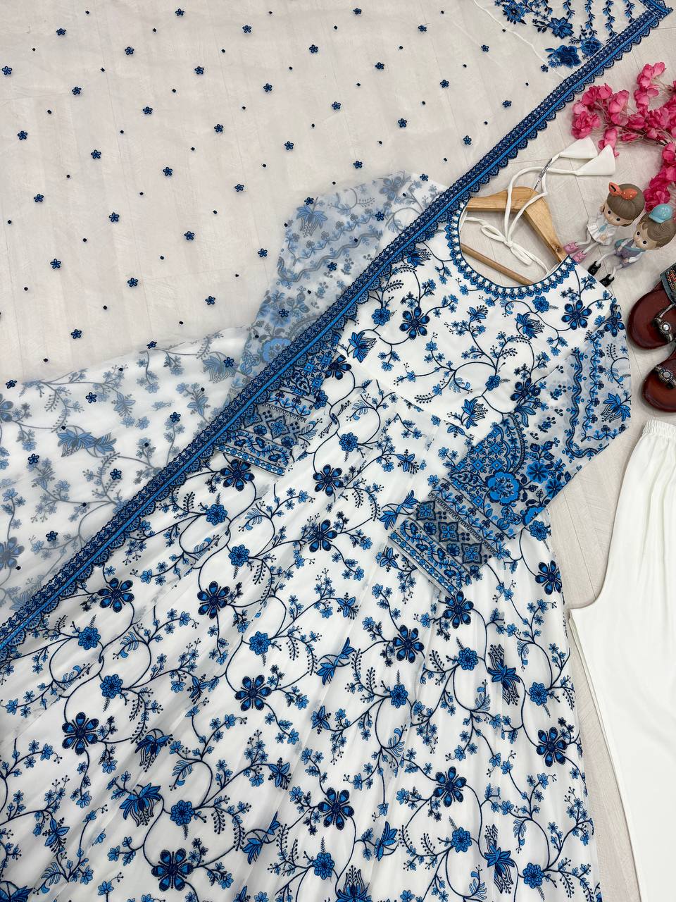 Elegant Party Wear Heavy Faux Georgette Gown with Organza Dupatta and Micro Cotton Bottom Set