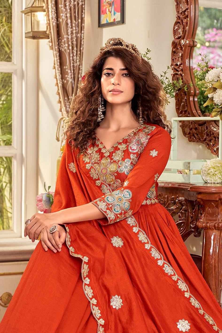 RangBhoomi Exclusive Festival Long Gown and Matching Dupatta Set with Heavy Embroidery