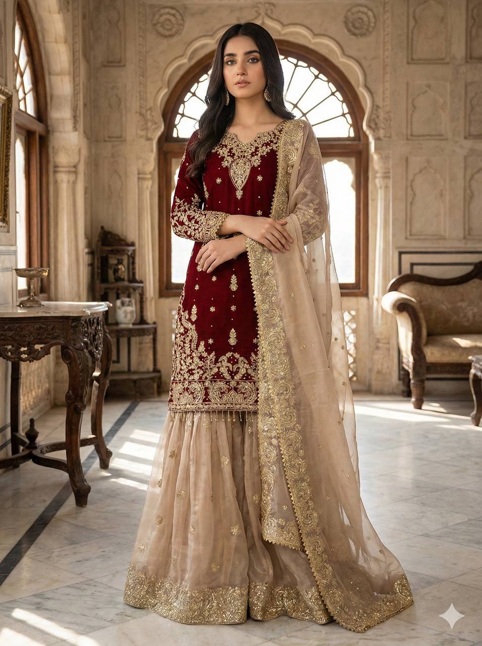 RangBhoomi Exclusive Designer Partywear Set – Pure Heavy GMY Silk with Elaborate Embroidery and Sequins