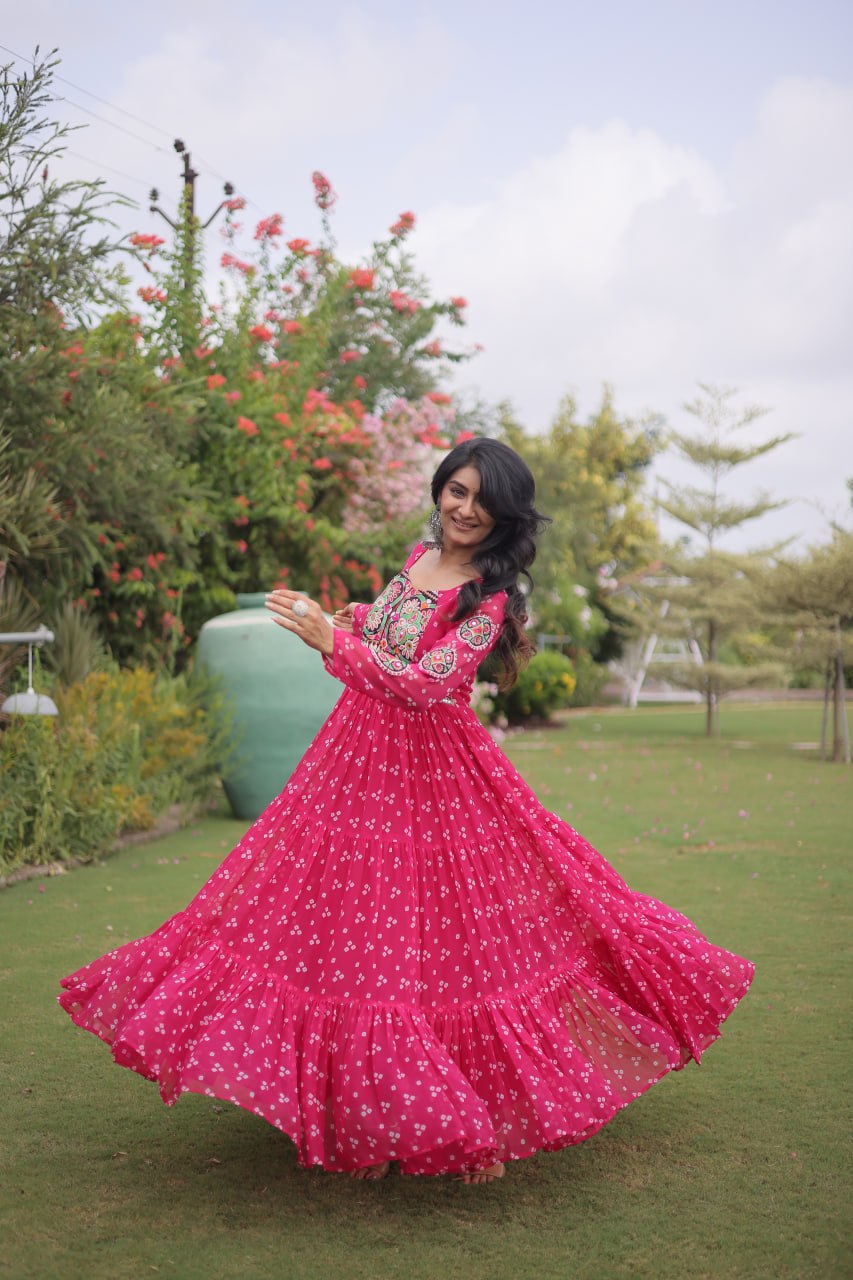 RangBhoomi Bandhani & Kutchi Patchwork Faux Georgette Gown — Full Sleeve, 12m Flair, Cotton Lining