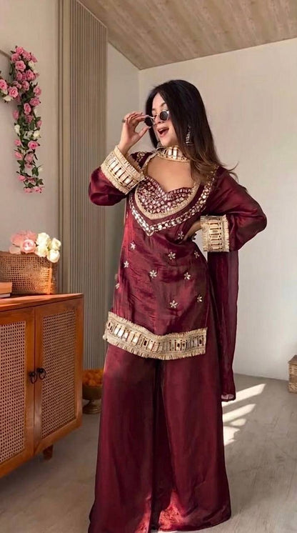RangBhoomi Women's Fully Stitched Ethnic Wear Set with Fendy Silk and Real Mirror Work