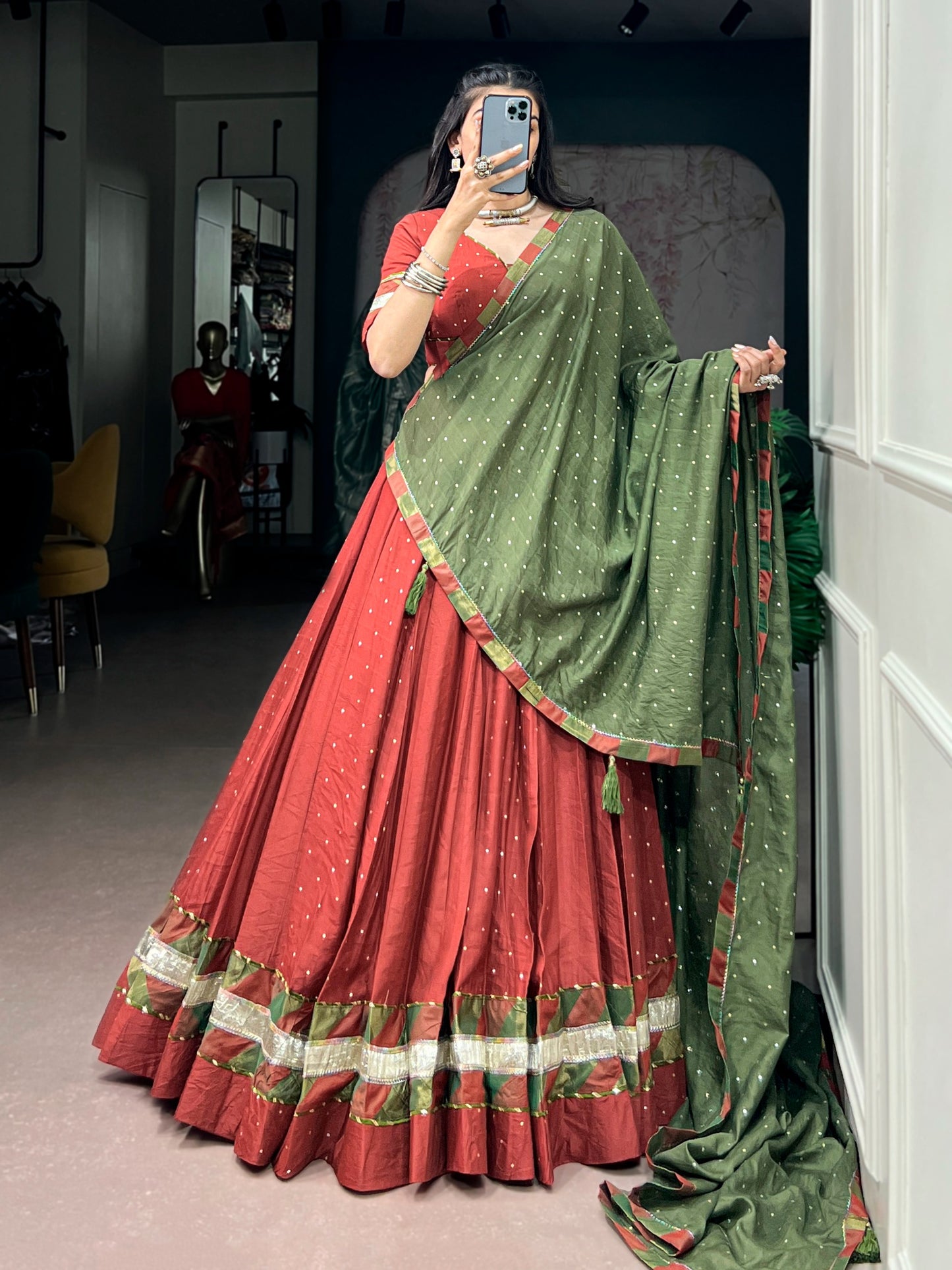 RangBhoomi Navratri Chanderi Lehenga Set — Zari Weave & Latkan Embellished