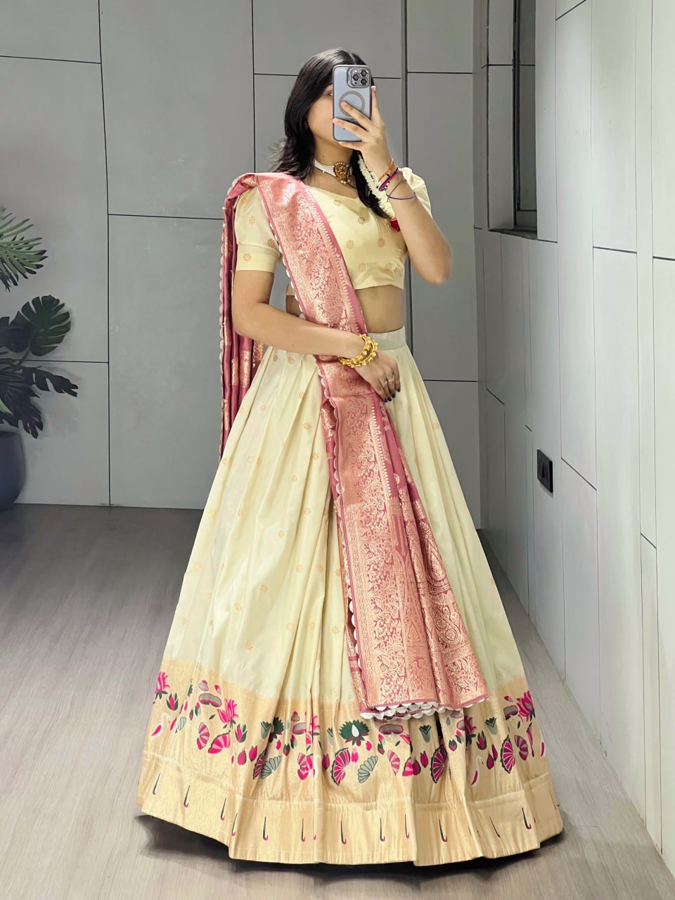 Exquisite Paithani Silk Lehenga with Vibrant Colorful Motifs, Iconic Gold Zari Border, and Signature Satin Silk Dupatta