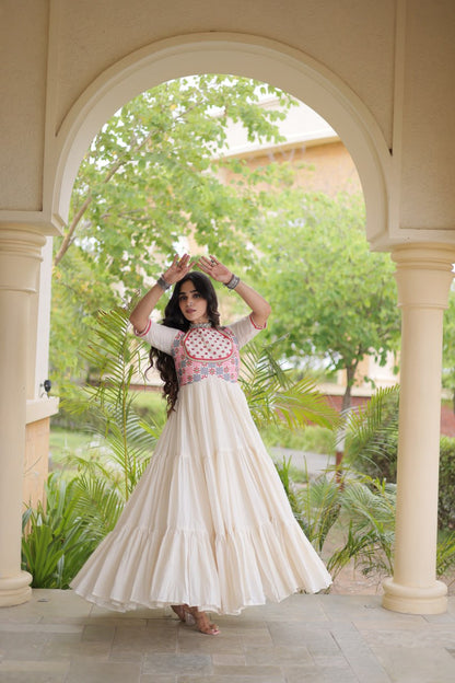 RangBhoomi Navratri Embroidered Kora Cotton Gown — 54" Festive Flair