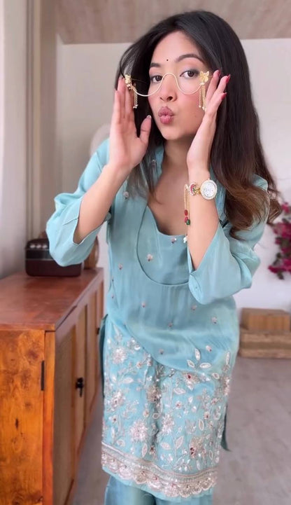 Premium Ready-to-Wear Kurta Set with Embroidered Glass Roman Fabric – Stylish and Comfortable Two-Piece Ensemble