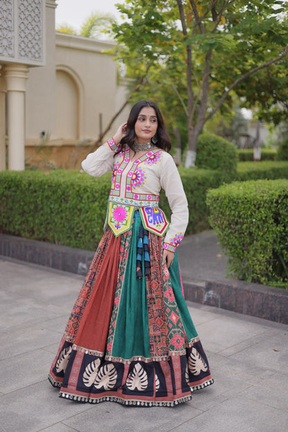 RangBhoomi Navratri Cotton Lehenga Set with Mirror Lace — Full-Stitched Festive Ensemble