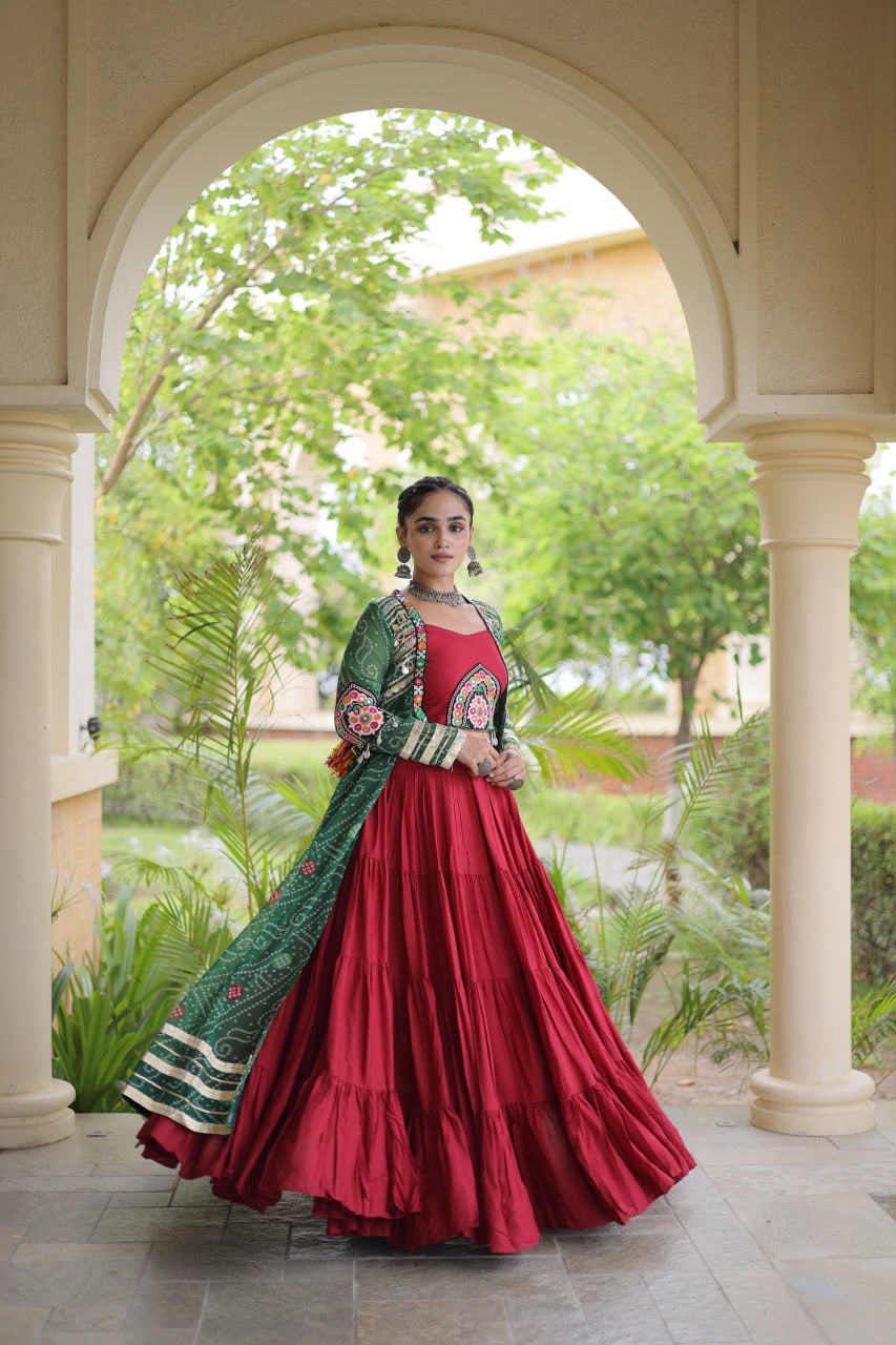 RangBhoomi Navratri 2026 Rayon Lehenga Set with Bandhani Shrug — Full-Stitched Festive Ensemble