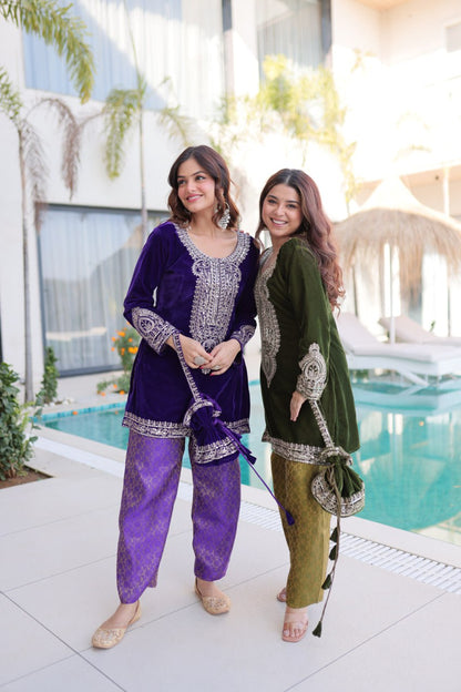 Ready-to-Wear Velvet Top and Pant Set with Embroidered Batwa from RangBhoomi Collection