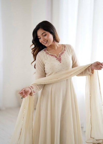 Elegant Fox Georgette Party Wear Gown with Dupatta and Crepe Pants by RangBhoomi