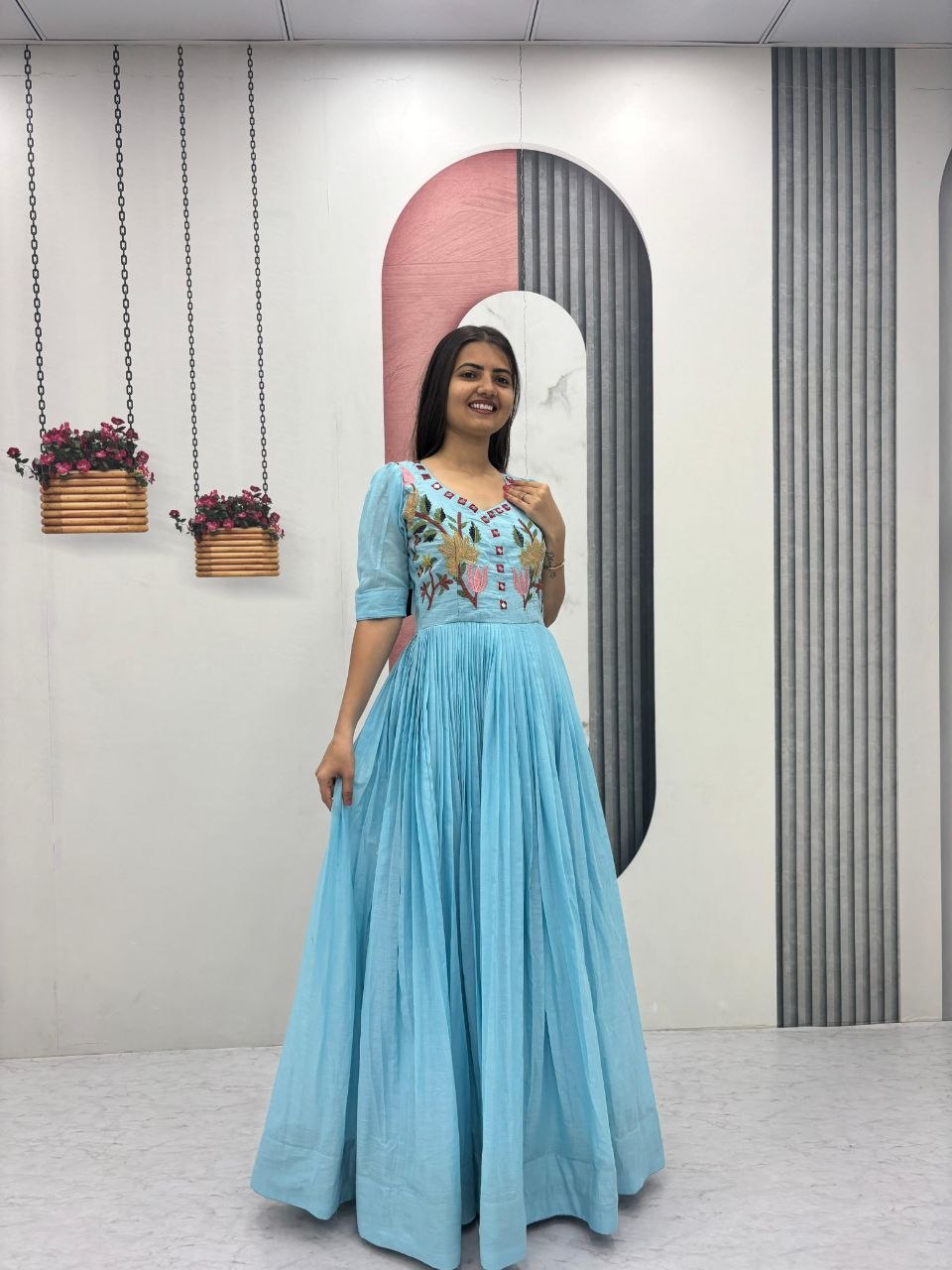 RangBhoomi Exclusive Trending Hand-Embroidered Mal Cotton Gown with Mirror Work, Fully Stitched, Sizes M to 2XL