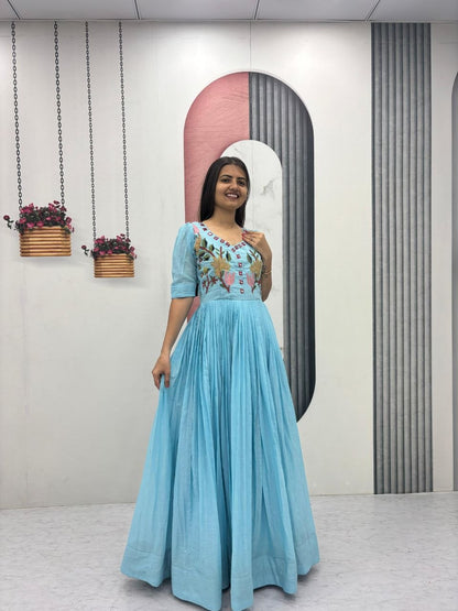RangBhoomi Exclusive Trending Hand-Embroidered Mal Cotton Gown with Mirror Work, Fully Stitched, Sizes M to 2XL