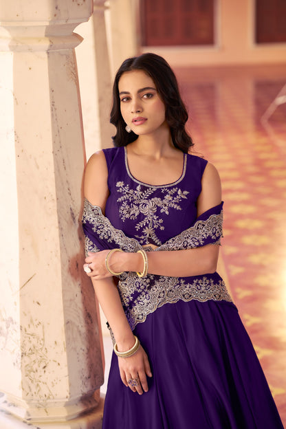 Regal Mist Designer Ensemble with Intricate Embroidery and Luxurious Rangoli Silk
