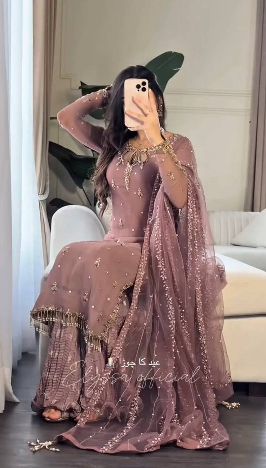 Elegant Combo Outfit Set for Adults and Kids with Embroidered Faux Georgette and Tissue Net Dupatta