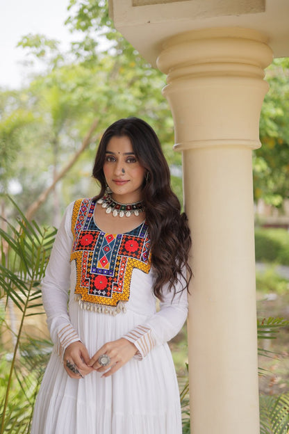 RangBhoomi Navratri Gown Collection 2026 — Wine, Rama & White Embroidered Mirror Work Gown